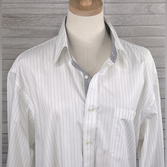 PAUL FREDRICK Men's Slim Fit Non Iron Button Down Dress Shirt Wh w Blk Stripe-17 - Picture 1 of 4